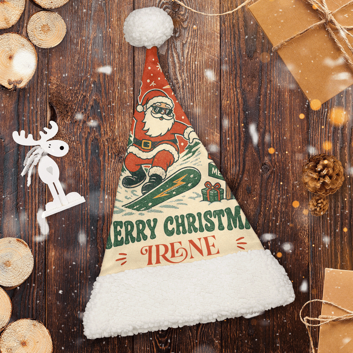 Personalized Retro Snowboarding Santa Christmas hat, view 2