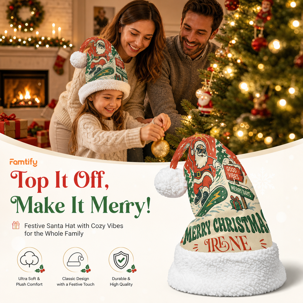 Personalized Retro Snowboarding Santa Christmas hat, view 3