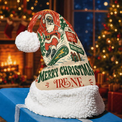 Personalized Retro Snowboarding Santa Christmas hat, view 4