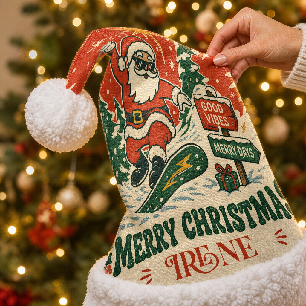 Personalized Retro Snowboarding Santa Christmas hat, view 5