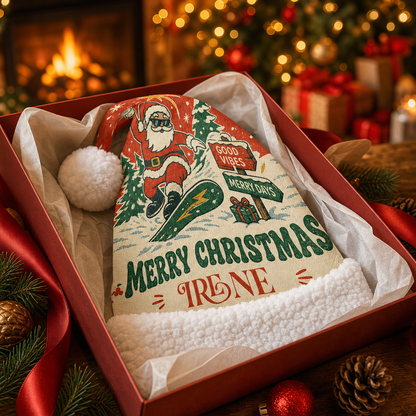 Personalized Retro Snowboarding Santa Christmas hat, view 6