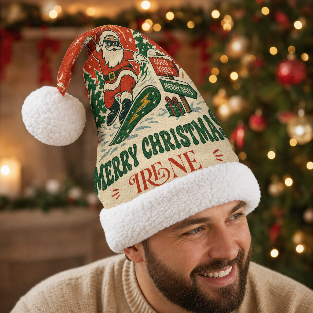 Personalized Retro Snowboarding Santa Christmas hat, view 7