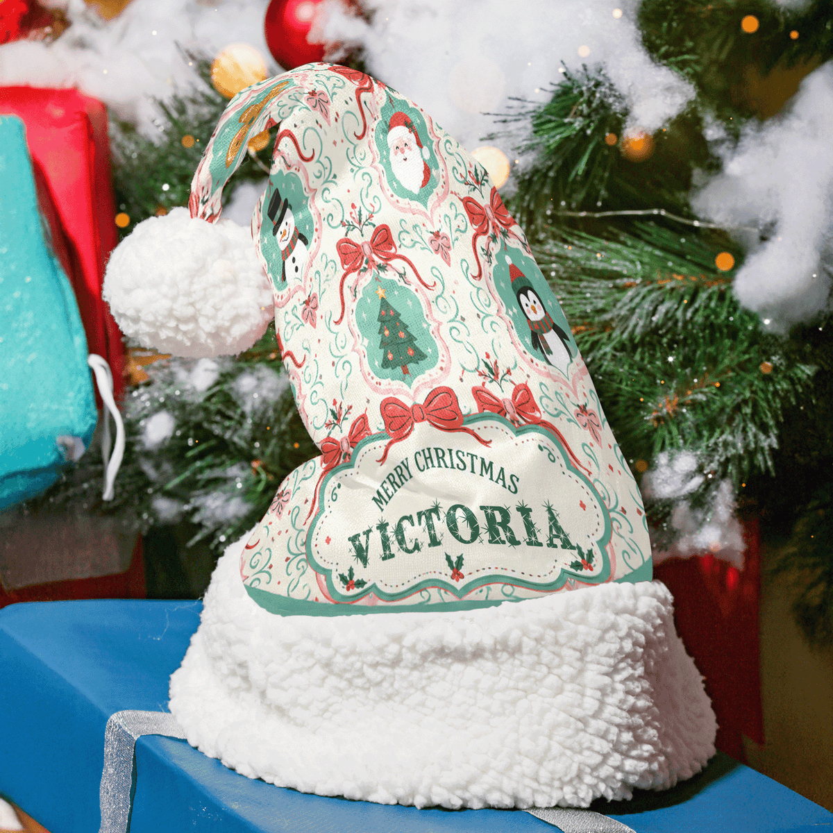 Personalized Vintage Christmas Cameo Christmas hat with custom name