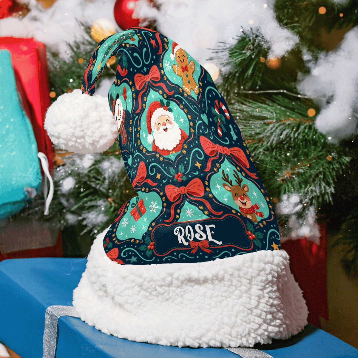 Personalized Santa Reindeer Bow Pattern Christmas hat with custom name