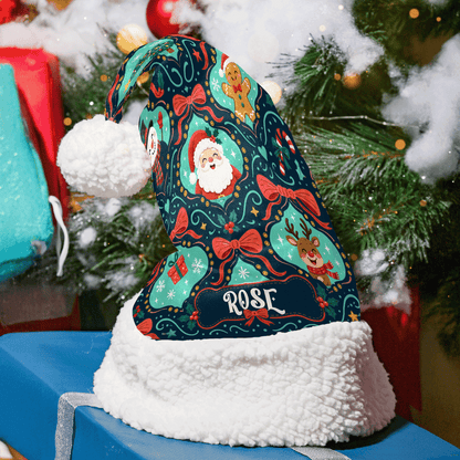 Personalized Santa Reindeer Bow Pattern Christmas hat with custom name