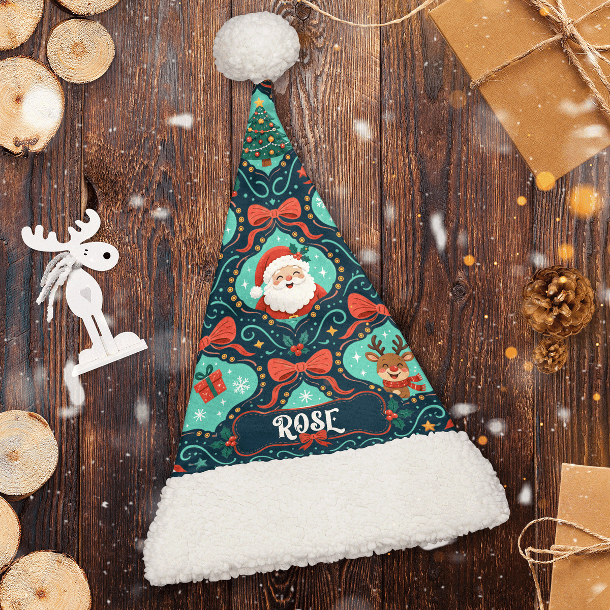 Personalized Santa Reindeer Bow Pattern Christmas hat, view 2