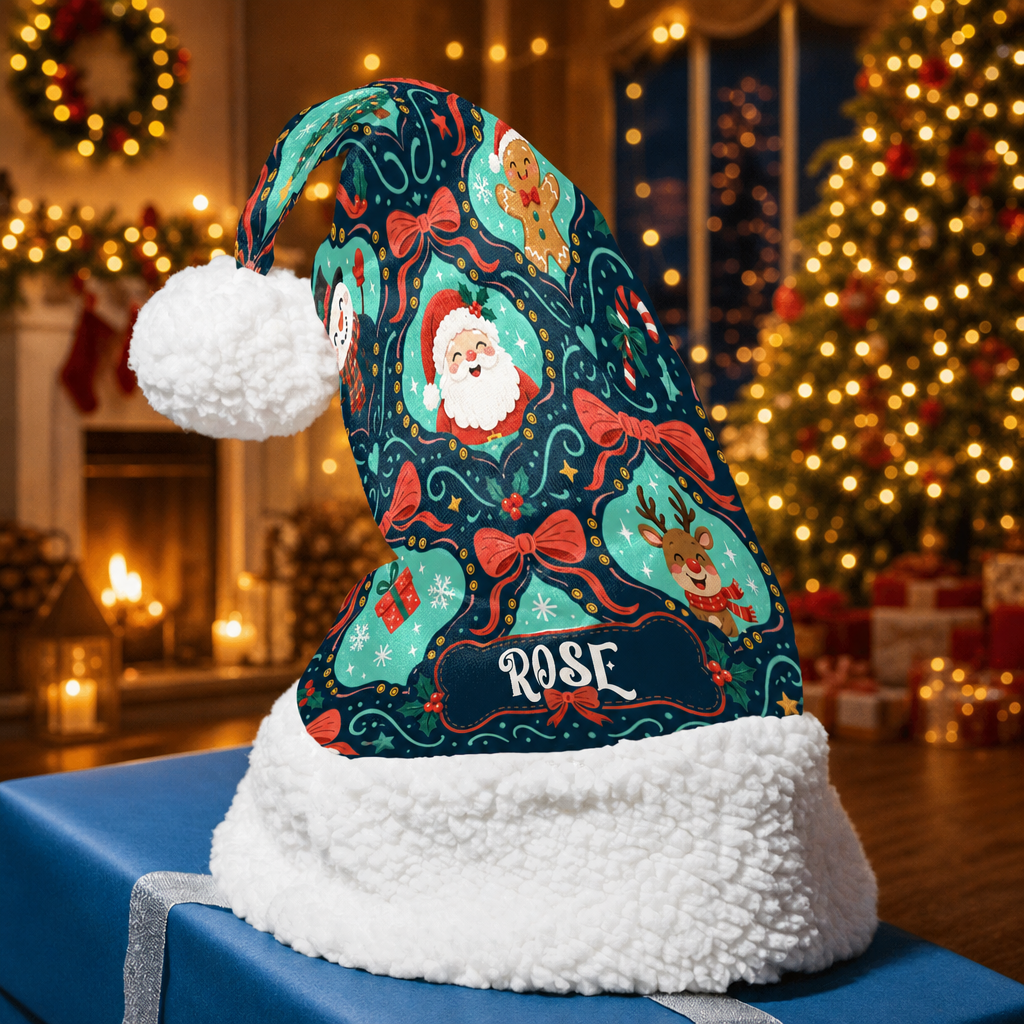 Personalized Santa Reindeer Bow Pattern Christmas hat, view 4