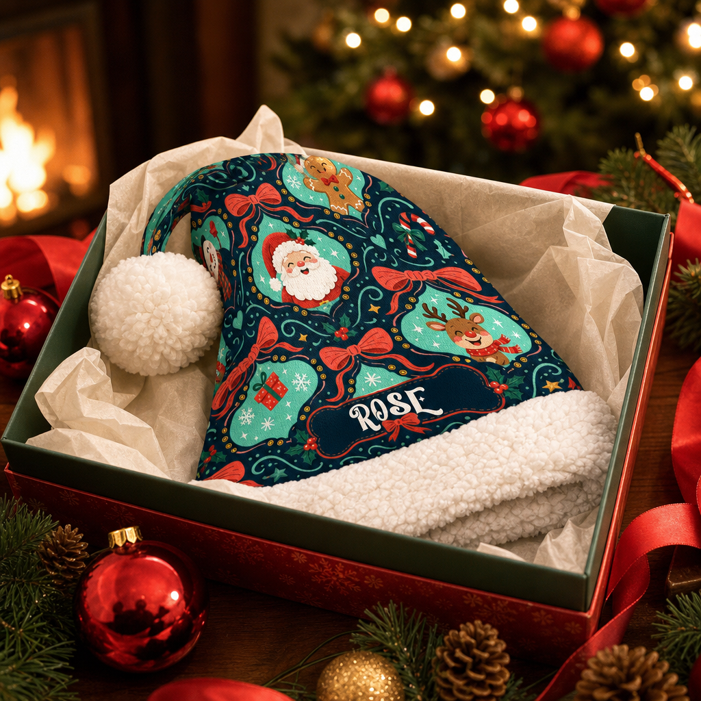 Personalized Santa Reindeer Bow Pattern Christmas hat, view 6