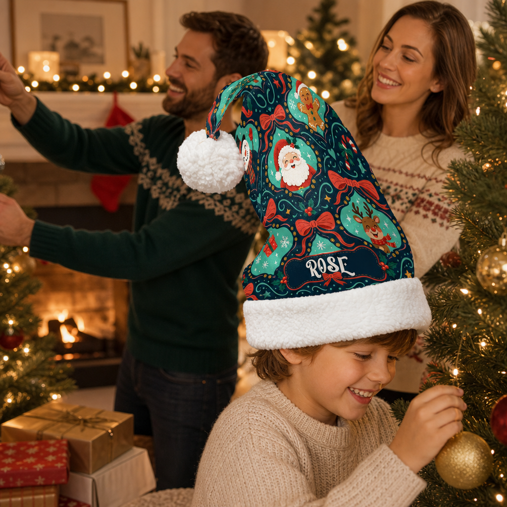 Personalized Santa Reindeer Bow Pattern Christmas hat, view 7