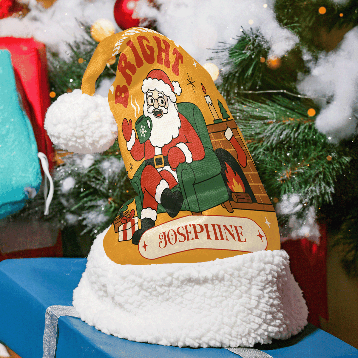 Personalized Retro Bright Santa Fireplace Christmas hat with custom name
