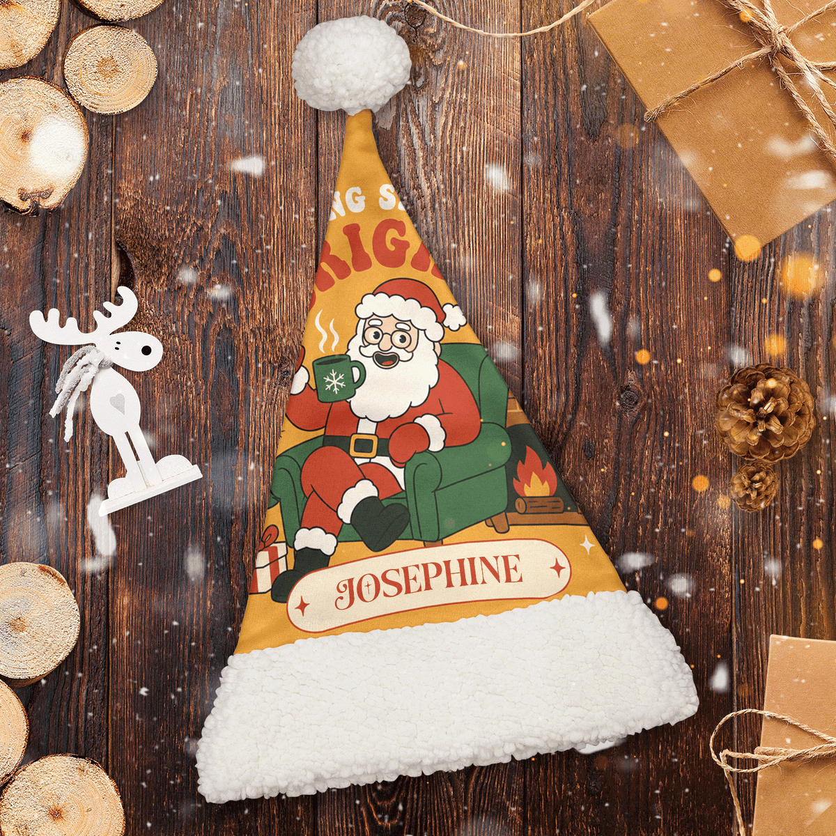 Personalized Retro Bright Santa Fireplace Christmas hat, view 2