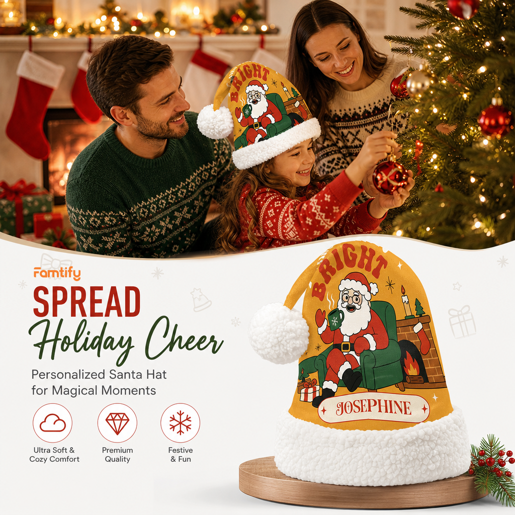 Personalized Retro Bright Santa Fireplace Christmas hat, view 3