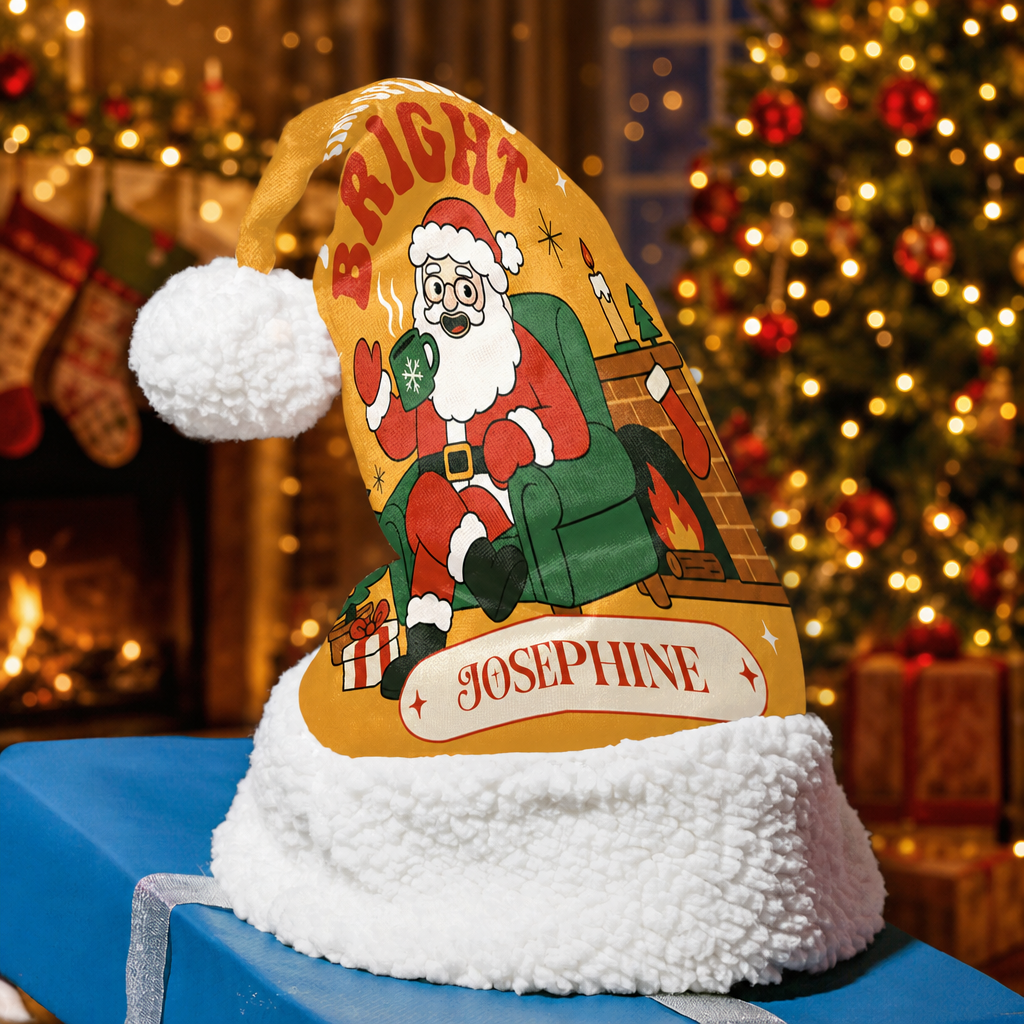 Personalized Retro Bright Santa Fireplace Christmas hat, view 4