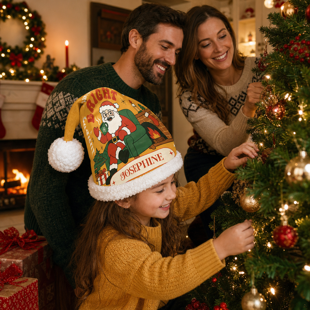 Personalized Retro Bright Santa Fireplace Christmas hat, view 8