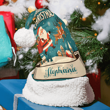 Personalized Santa Sleigh Village Christmas hat with custom name