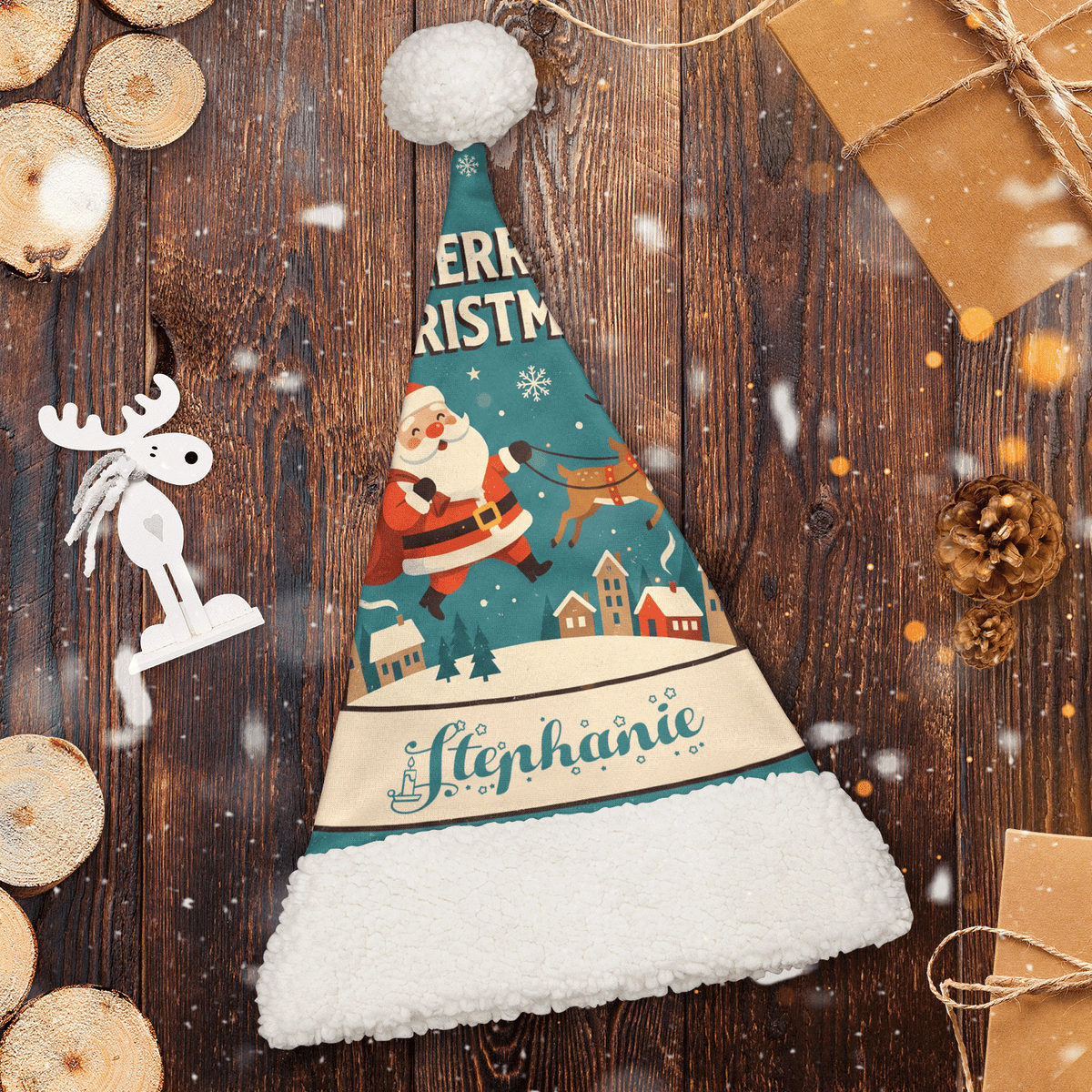 Personalized Santa Sleigh Village Christmas hat, view 2