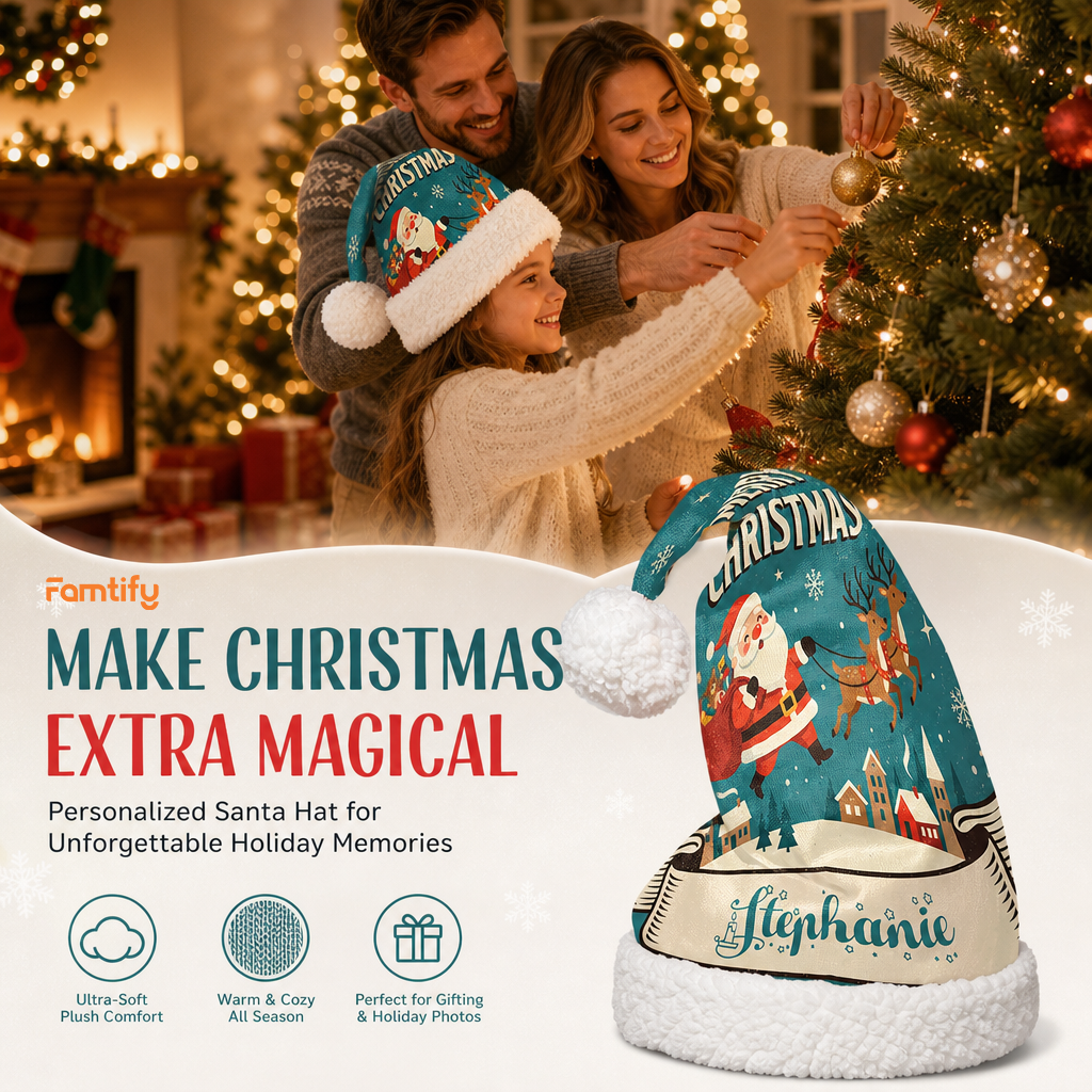 Personalized Santa Sleigh Village Christmas hat, view 3