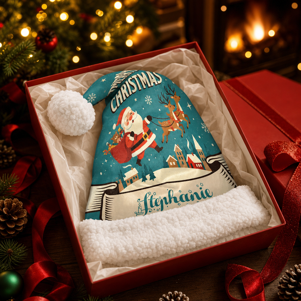 Personalized Santa Sleigh Village Christmas hat, view 6