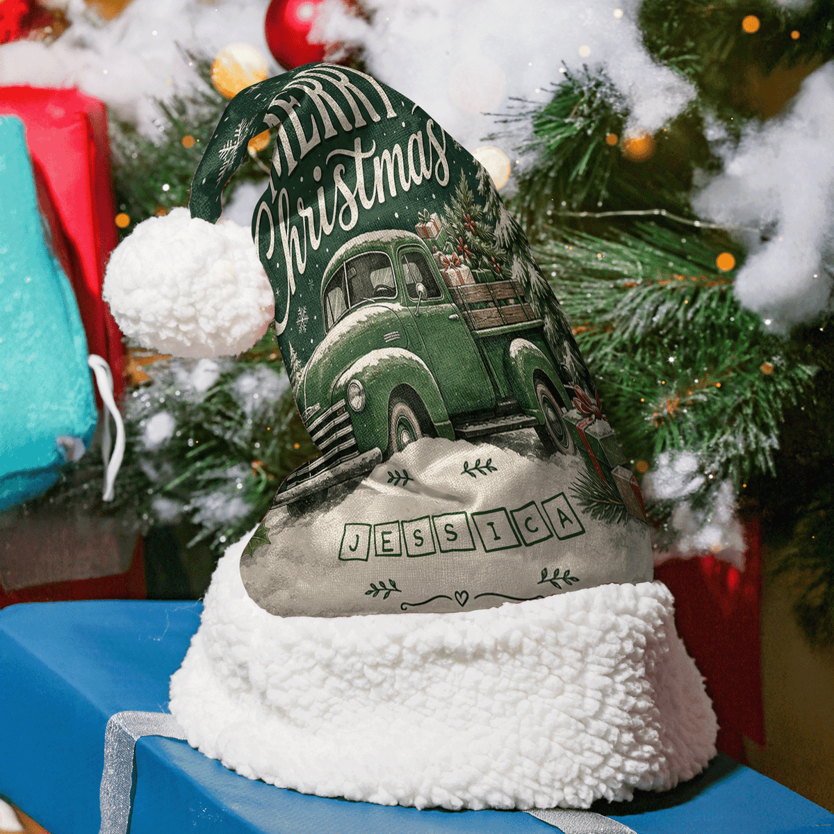 Personalized Vintage Christmas Truck Christmas hat with custom name