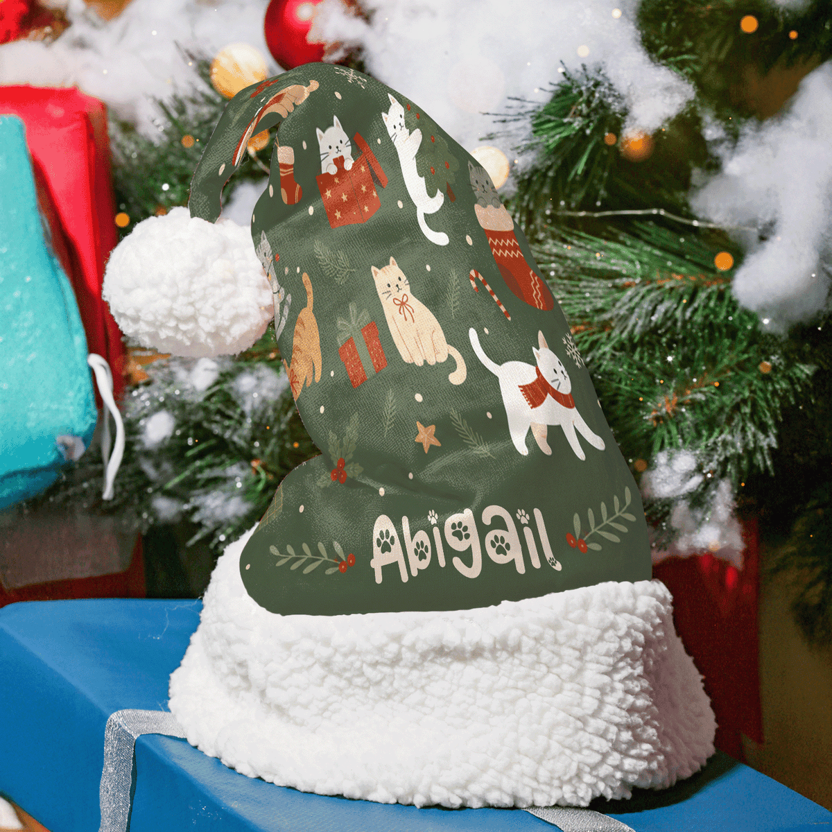Personalized Christmas Cats Pattern Christmas hat with custom name