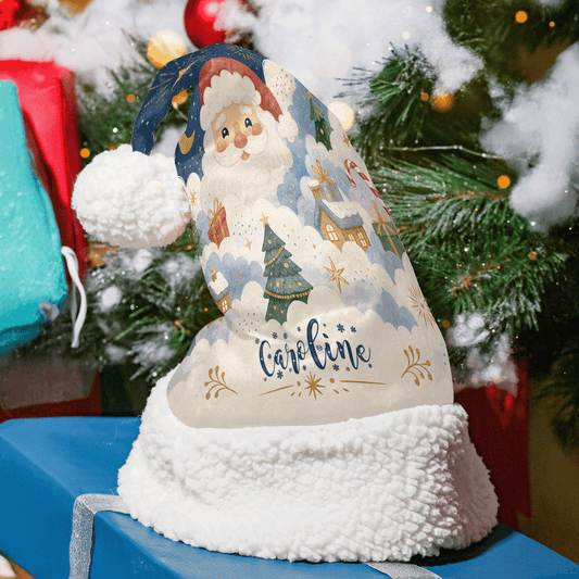 Personalized Whimsical Santa Winter Village Christmas hat with custom name