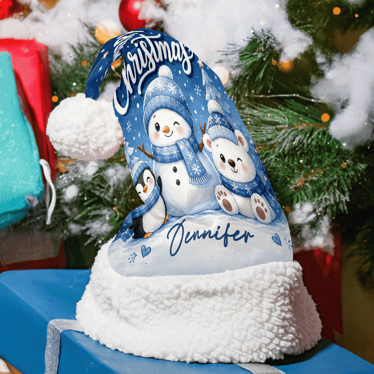 Personalized Snowman and Polar Bear Friends Christmas hat with custom name