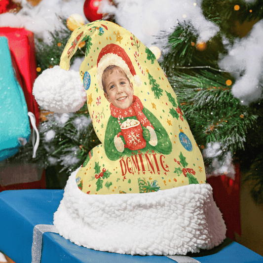 Personalized Photo Face Cocoa Sweater Christmas hat with custom photo and name