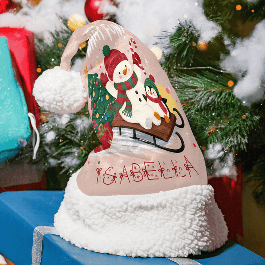 Personalized Snowman Penguin Sled Christmas hat with custom name