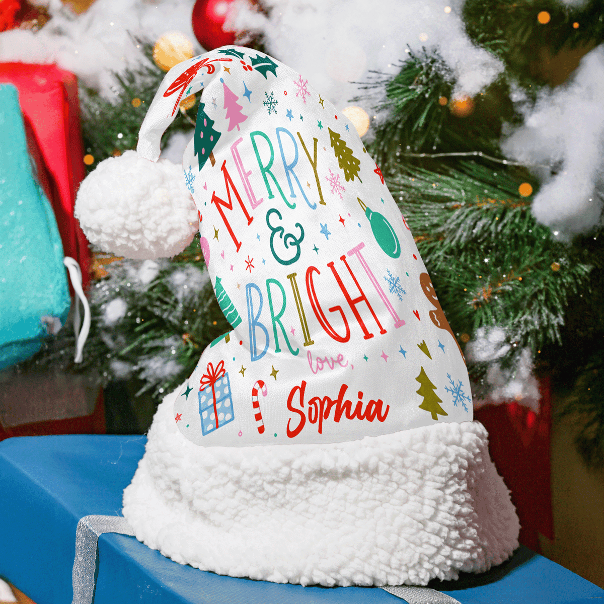 Personalized Merry and Bright Love Christmas hat with custom name