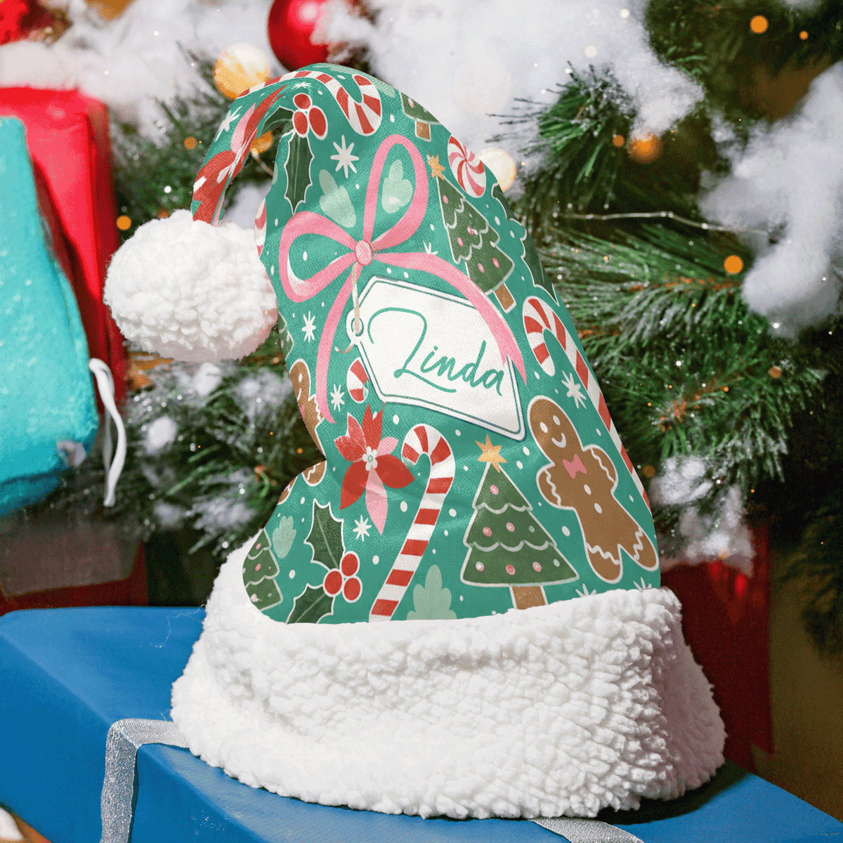 Personalized Gingerbread Candy Cane Bow Christmas hat with custom name