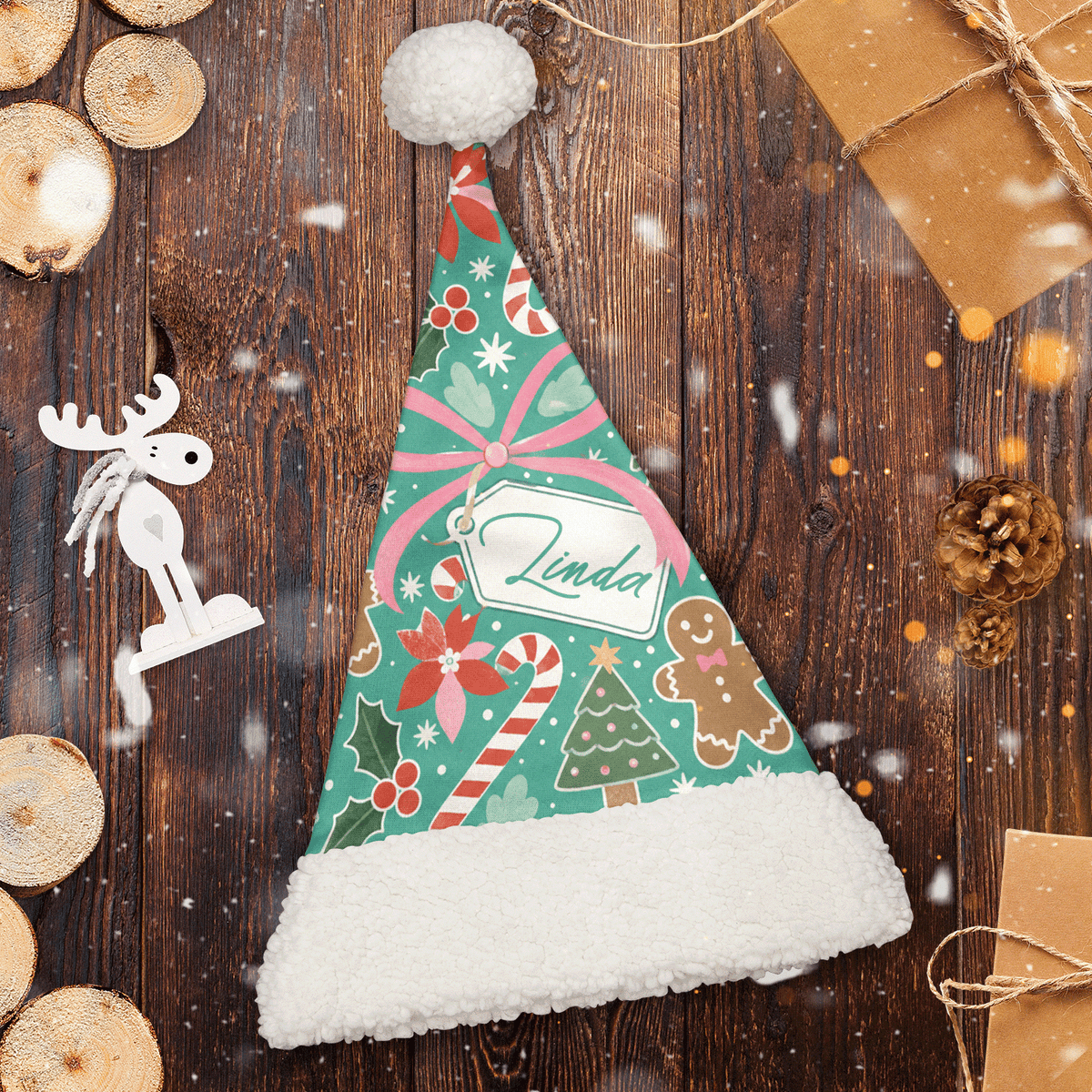 Personalized Gingerbread Candy Cane Bow Christmas hat, view 2