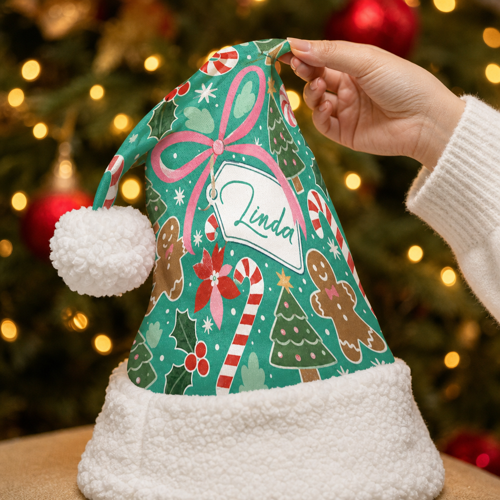 Personalized Gingerbread Candy Cane Bow Christmas hat, view 3