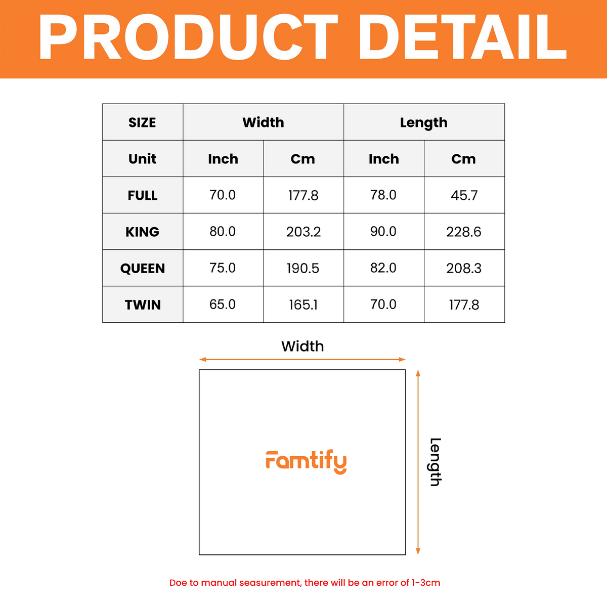 Product detail size chart for the Halloween tapestry listing twin, full, queen and king width and length