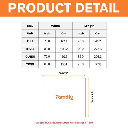 Product detail size chart for the Halloween tapestry listing twin, full, queen and king width and length