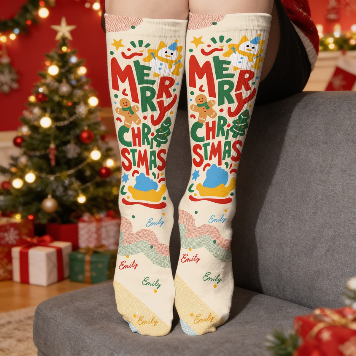Personalized Merry Christmas Lettering Socks worn on a cozy sofa by the Christmas tree