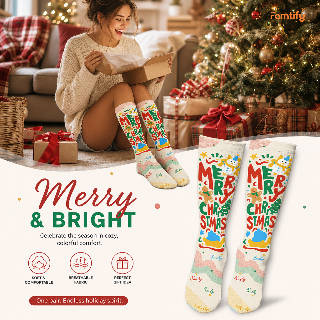 Personalized Merry Christmas Lettering Socks, view 3