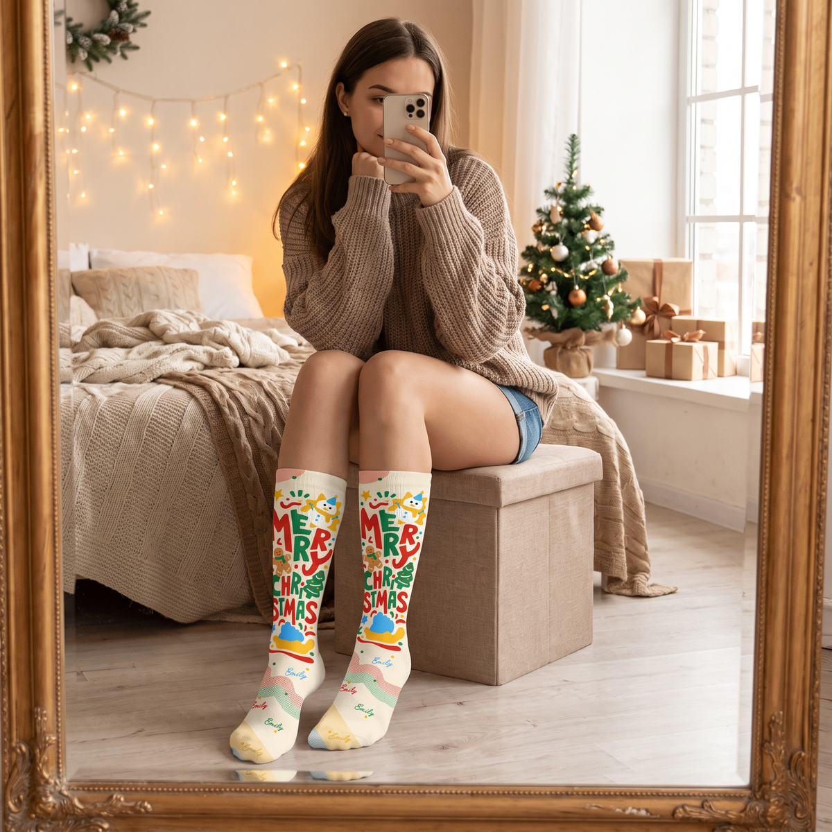 Personalized Merry Christmas Lettering Socks, view 7