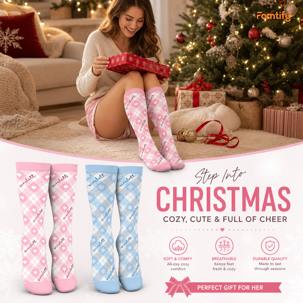 Personalized Argyle Heart Snowflake Christmas Socks, view 4