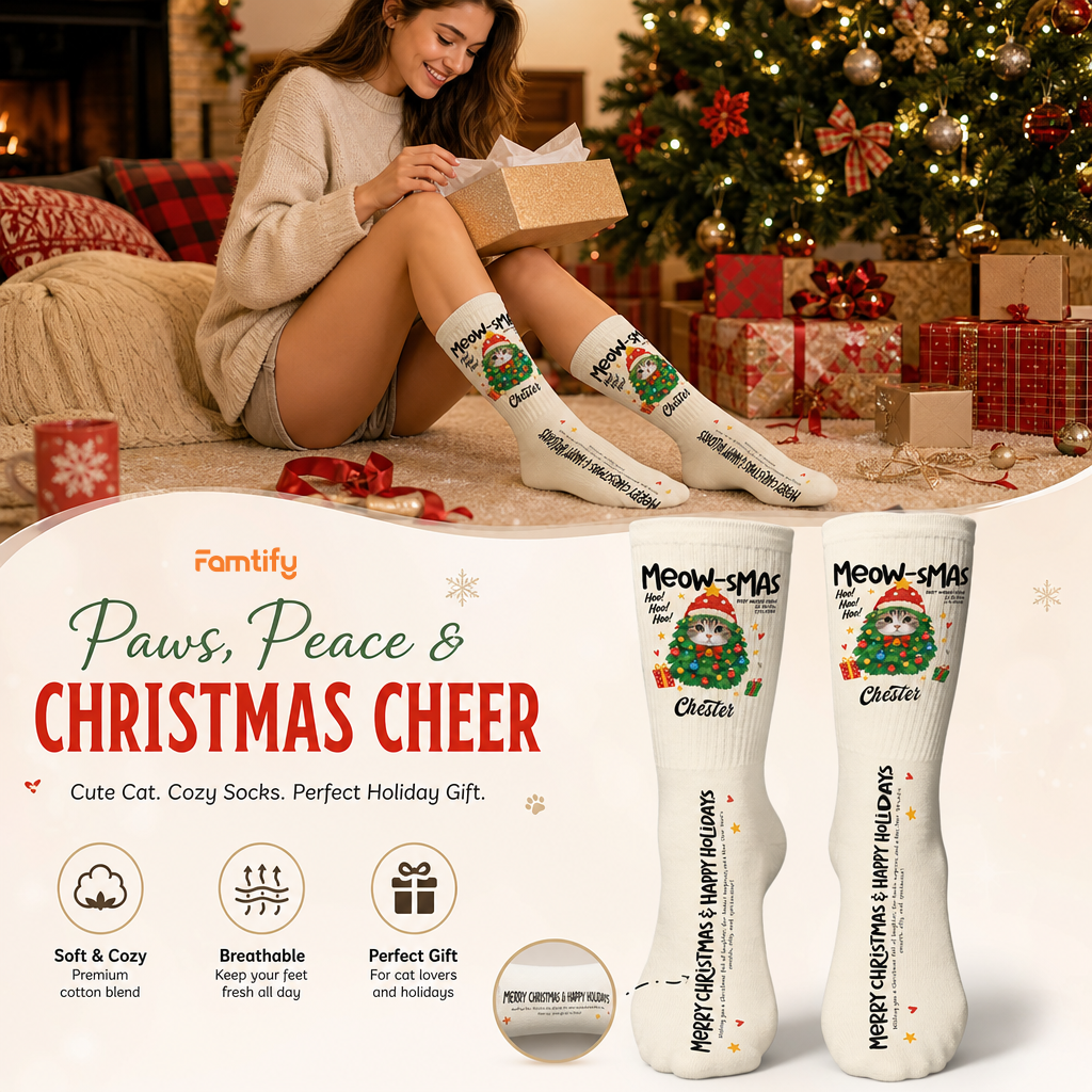 Personalized Meow-sMAS Cat Photo Christmas Socks, view 3