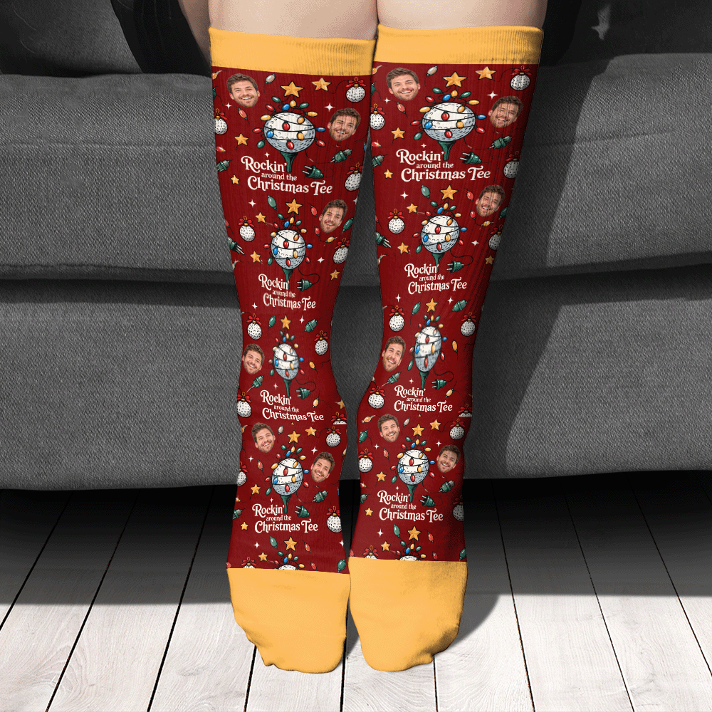 Personalized Rockin Around the Christmas Tee Golf Photo Socks, view 2