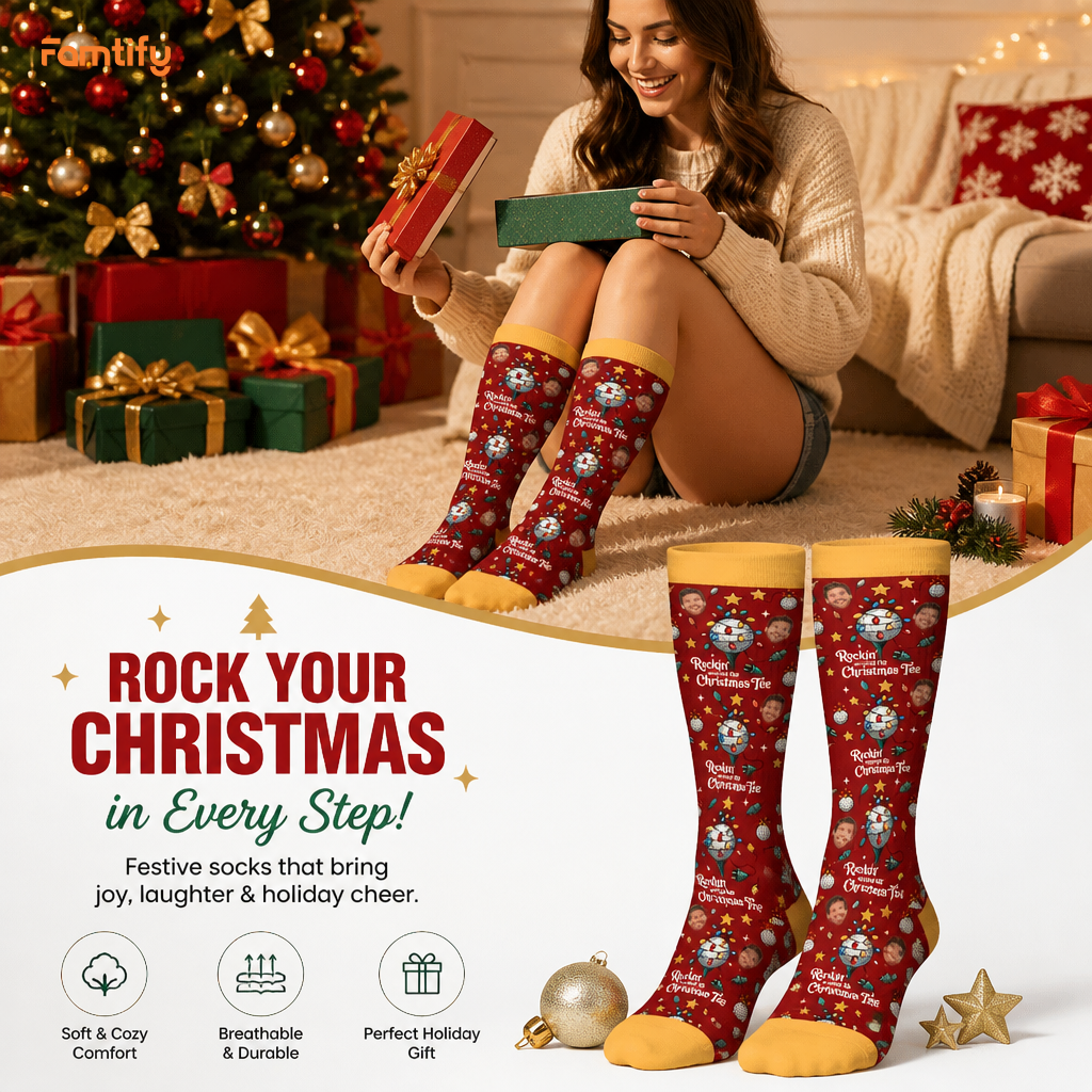 Personalized Rockin Around the Christmas Tee Golf Photo Socks, view 3