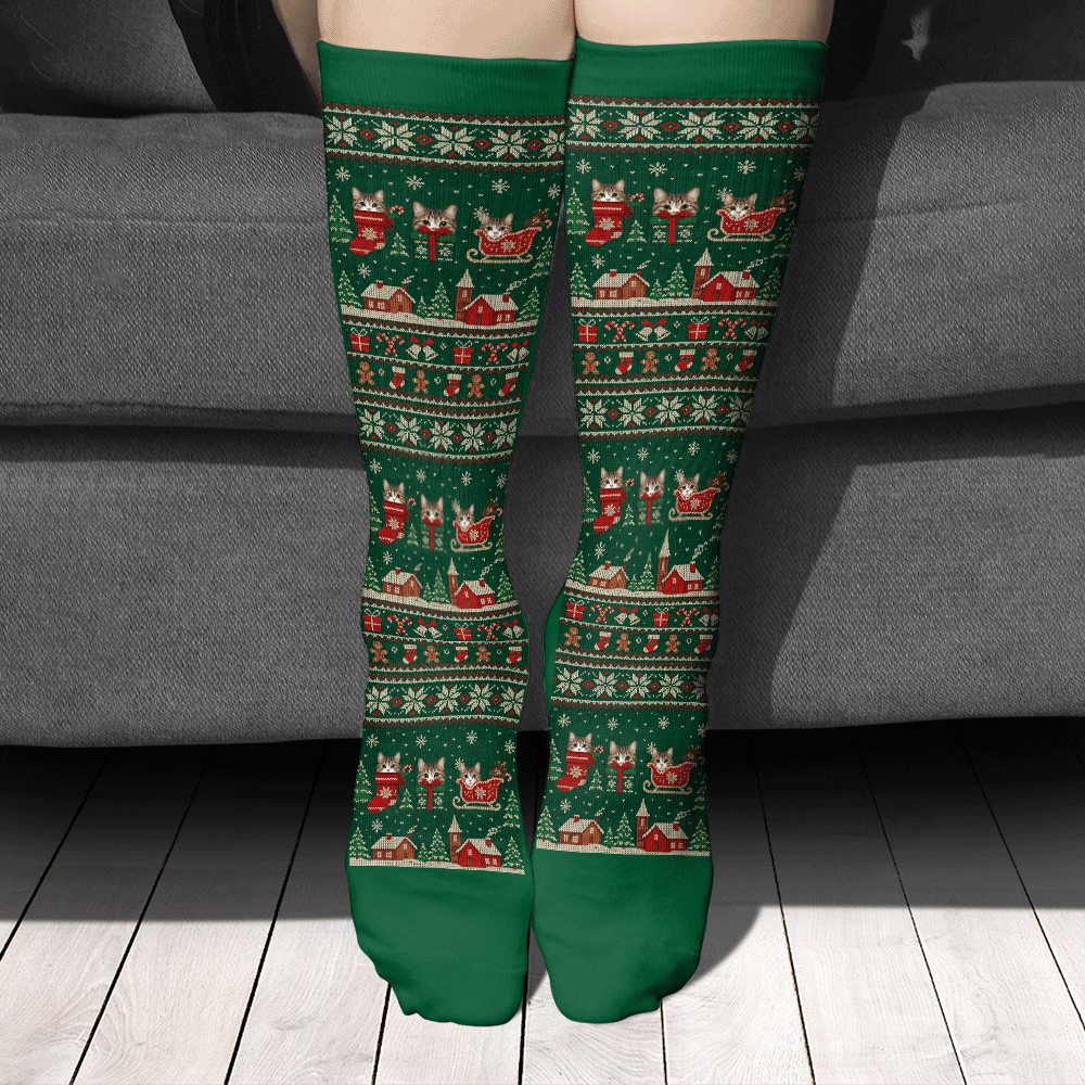 Personalized Cat Photo Ugly Sweater Christmas Socks, view 2