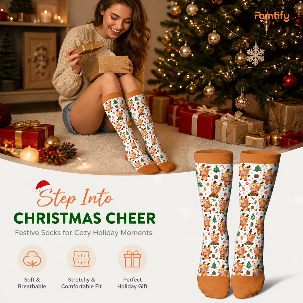 Personalized Kids Face Photo Reindeer Costume Christmas Socks, view 3