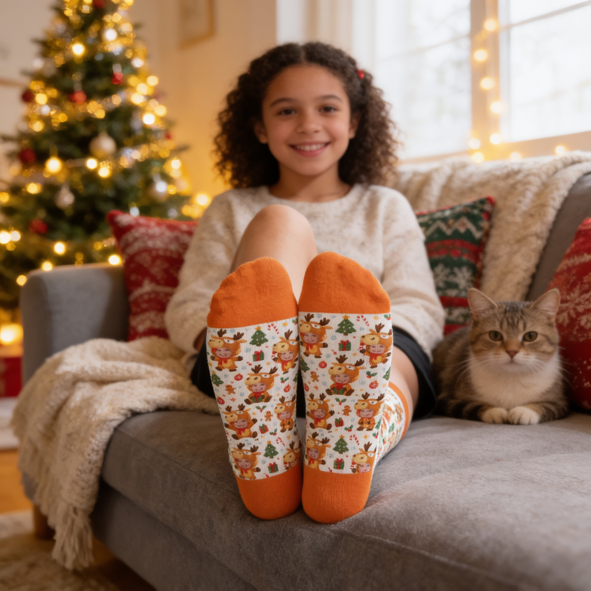 Personalized Kids Face Photo Reindeer Costume Christmas Socks, view 4