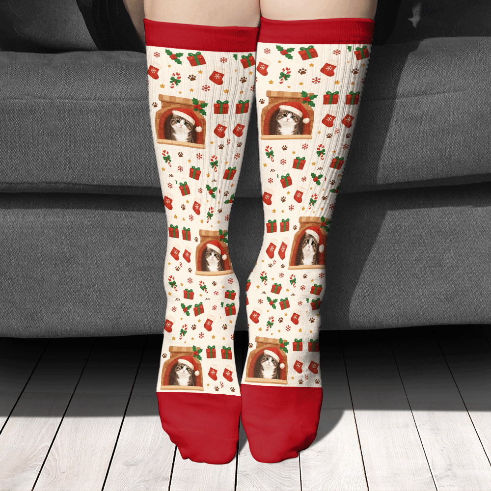 Personalized Cat Photo Fireplace Christmas Socks, view 2