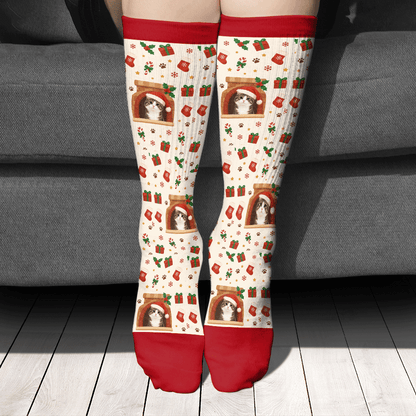 Personalized Cat Photo Fireplace Christmas Socks, view 2