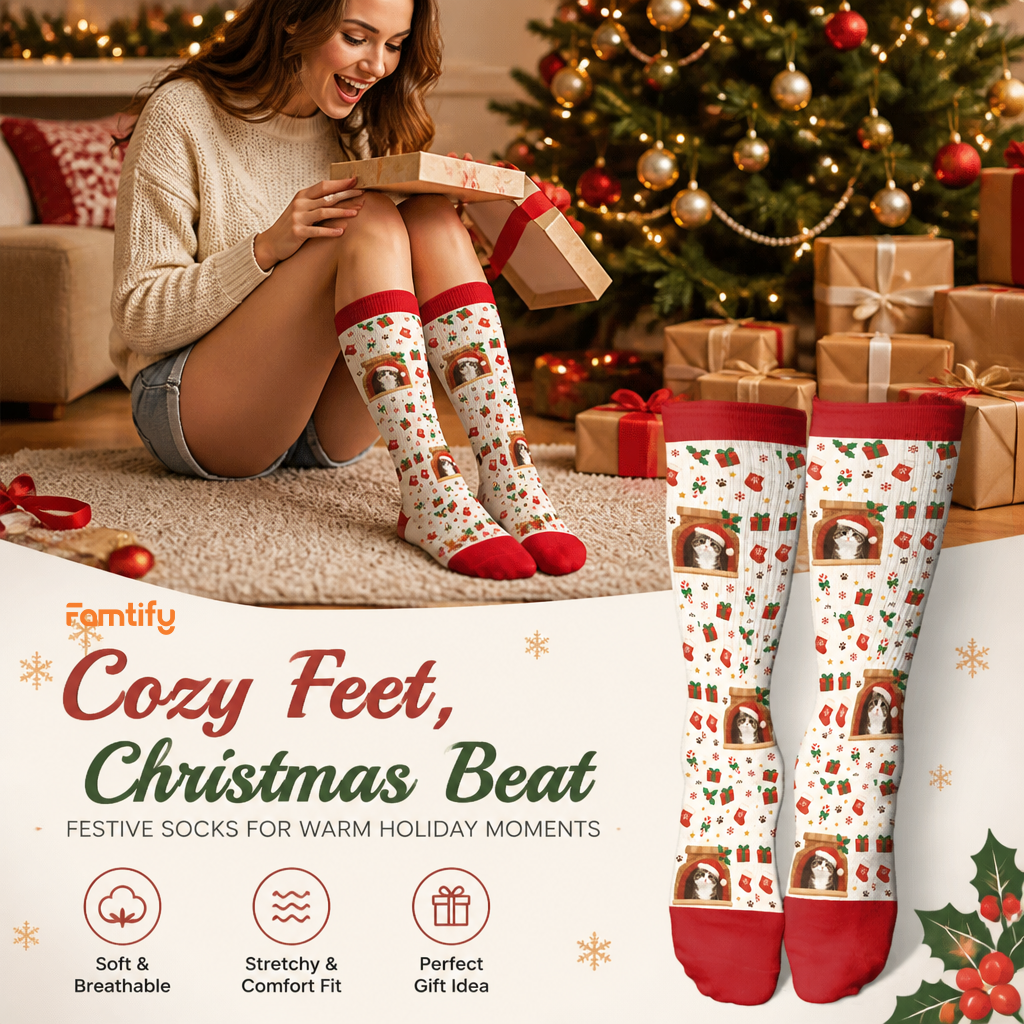 Personalized Cat Photo Fireplace Christmas Socks, view 3