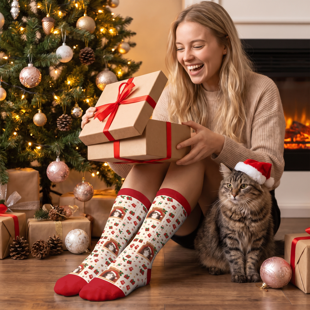 Personalized Cat Photo Fireplace Christmas Socks, view 4
