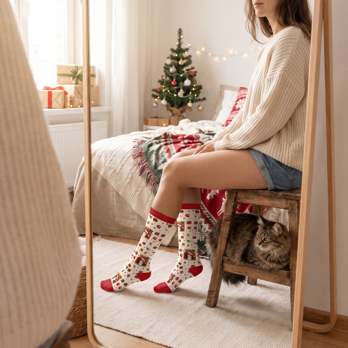 Personalized Cat Photo Fireplace Christmas Socks, view 5