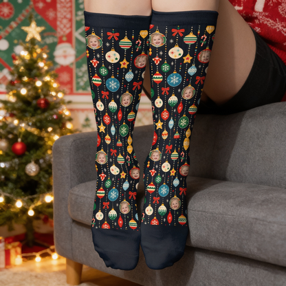 Personalized Face Photo Ornament Garland Christmas Socks worn on a cozy sofa by the Christmas tree